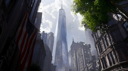 Low-angle view of a stylized New York City skyline, with a prominent skyscraper, amidst historic buildings and foliage.  A sense of urban decay and modernization