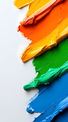 Vibrant paint strokes in hues of the rainbow, layered on white background.  Thick, textured application, showcasing bold colours