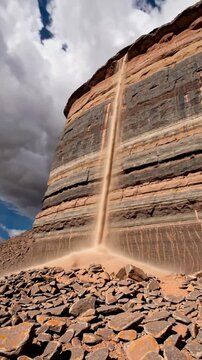Tall stratified cliff with narrow sandfall cascading down rocky desert wall under cloudy sky

