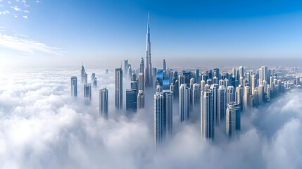 City skyline piercing through a sea of clouds. Skyscrapers and high-rise buildings in a modern metropolis, above a dense fog bank.  Vibrant, clear skies