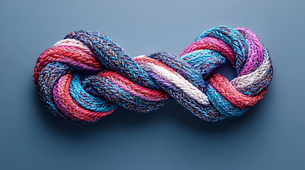 Abstract infinity symbol, multi-colored twisted ropes.  Intertwined, vibrant, colorful, rope-like, textured, 3D, abstract form on a plain background