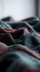 Close-up view of draped, textured fabric with subtle, flowing lines in dark teal and rust.  Detailed folds and ripples create a sense of movement