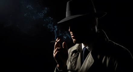 Fototapeta premium A shadowy figure in a fedora and trench coat, smoking a cigarette in a dark, atmospheric setting