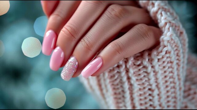 Refined woman's hands with flawless nails displayed elegantly before a pale gray background.