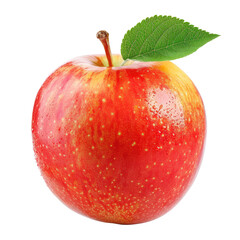 Close-up of a single, ripe red apple with a green leaf