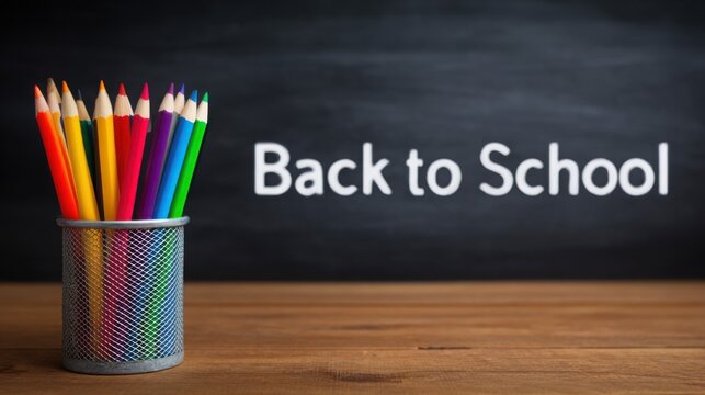 A pencil holder with a bunch of colored pencils sits on a wooden table - Powered by Adobe