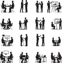 Silhouettes of Business People in Meetings, Presentations, Collaborations, and Professional Discussions
