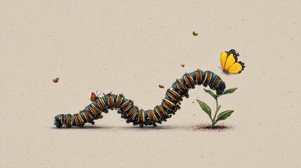 Naklejka premium Caterpillar Undergoes Transformation Into Butterfly, Symbolizing Growth and Change in a Peaceful Natural Setting