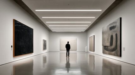 Modern art gallery with large abstract paintings and lone viewer interior minimalist