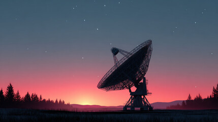 Serene Twilight Exploration: Satellite Dish Amidst Cosmic Stars and Technological Harmony