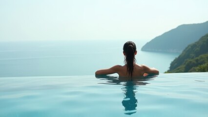 Woman relaxing in an infinity pool with a stunning view of the ocean and mountains, enjoying tranquility and luxury during a peaceful vacation escape.


