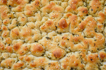 Closeup of Homemade Italian focaccia fresh from the oven
