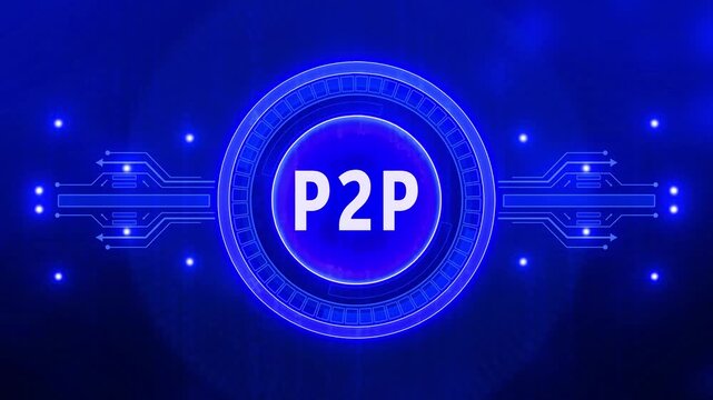 Businessman presses button with text P2P Peer-to-peer icon on virtual digital electronic user interface. communication network Business. technology background with Cyberspace HUD elements animation.