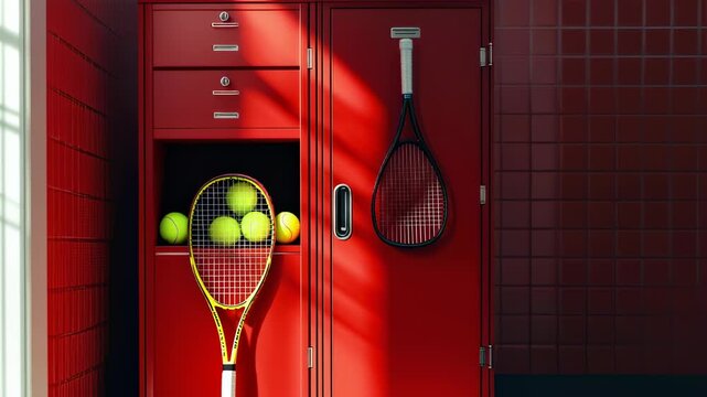 Dynamic school gymnasium locker room with tennis equipment perfect for school sport videos