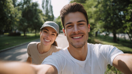 Happy Fitness Couple Taking a Selfie Running in the Park. Focus on the man.
