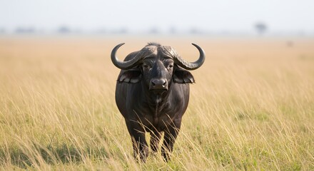A powerful cape buffalo stands alert in the golden grasslands of the african savanna