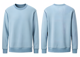 Two light blue crew neck sweatshirts front and back isolated on transparent background