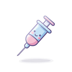 Cute syringe illustration with a smiling face, filled with pink liquid, casting a soft shadow on a white background.