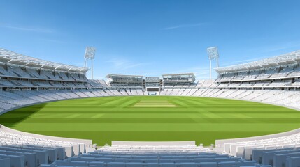 Modern white stadium with green cricket pitch under blue sky image