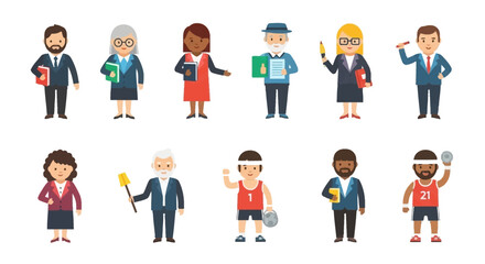 Diverse group of illustrated people in business attire and athletic wear, standing in various poses.
