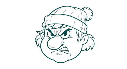 Isolated Angry Cartoon Man Face with Winter Hat