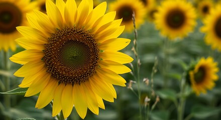 Obraz premium Vibrant sunflower closeup in a sun-drenched field, evoking summer warmth and natural beauty
