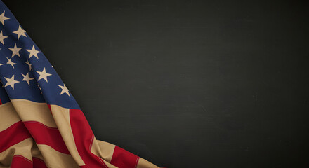 Patriotic American Flag Draped on Dark Chalkboard Background:  Memorial Day, Veterans Day, Independence Day Design.