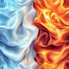 Obraz premium Fire and ice abstract background with smooth flowing fabric texture blending warm orange and cool blue colors beautifully