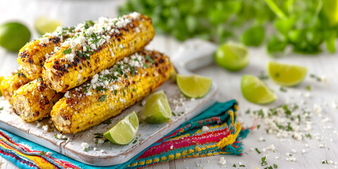 Creative food template. Firecracker grilled corn cob, with seasoning spices, cotija cheese, cilantro, lime wedges on colourful cloth, rustic white wooden table. copy text space