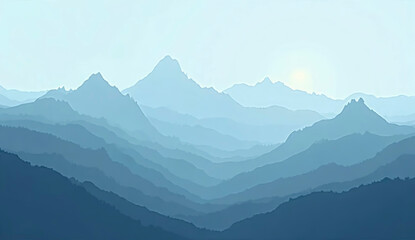 A captivating silhouette of mountains emerges in soft hues at dawn, showcasing layers of ridges and valleys creating a serene atmosphere in nature's beauty