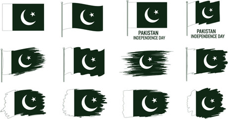 A collection of twelve pakistan flag illustrations with varying styles and independence day text present