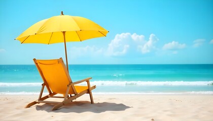 Bright Yellow Beach Umbrella and Chair Overlooking Turquoise Sea and Blue Sky