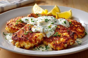 A white plate topped with three crab cakes covered in sauce