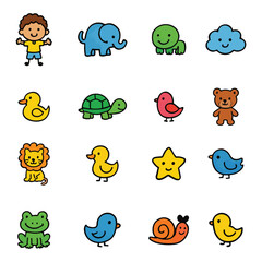 Fototapeta premium Collection of Cute Cartoon Animals and Objects with Simple Designs child girl
