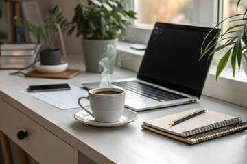 Cozy home office setup with laptop coffee and plants