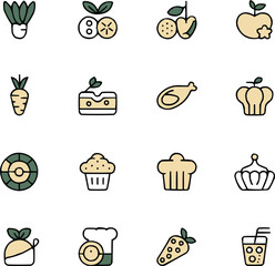 Stylish Hand-Drawn Icons of Healthy Dishes and Snacks Including Smoothies, Salads, and Herbal Drinks for Diet Apps