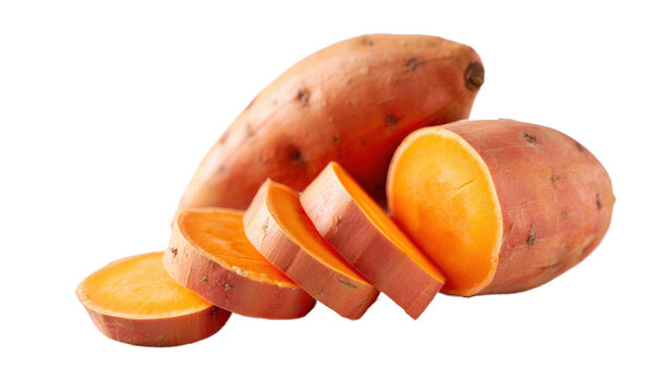 Whole Sweet Potato and Slices on transparent png Background