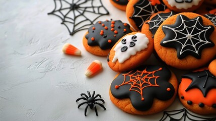 Halloween Themed Cookies Decorated With Spooky Designs on a White Table.