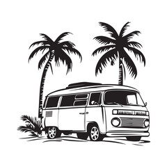 Silhouette of a vintage campervan on a tropical beach with palm trees and birds flying 
