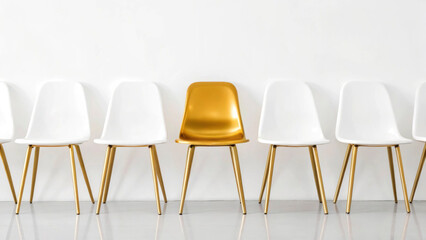 A single golden chair is prominently displayed among a row of identical white chairs in a minimalist environment. This striking contrast creates a visually appealing focal point