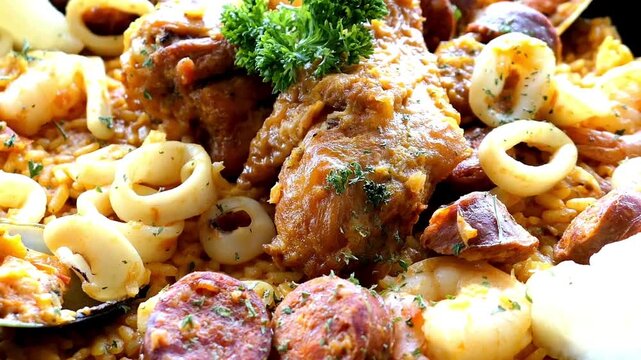A delicious seafood paella with chicken and squid is ready to serve