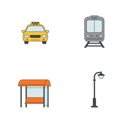 Transportation and Urban Infrastructure Icons Featuring Taxi Train Bus Stop and Streetlight