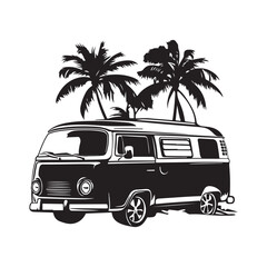 Silhouette of a vintage campervan on a tropical beach with palm trees and birds flying 
