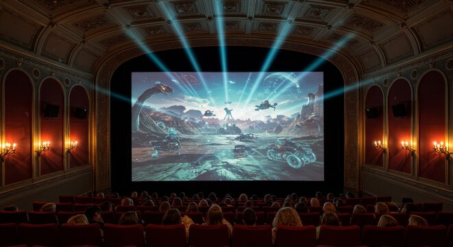 A Majestic movie theater showing a science fiction film to a full auditorium of excited moviegoers