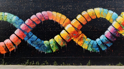 Colorful spiral mural on dark brick wall.  Vibrant, twisting shapes create a dynamic design.  Painterly style with drips and blending