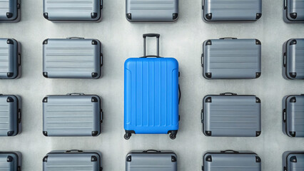 Among a grid of gray suitcases, a striking blue suitcase stands out, embodying the concept of uniqueness and individuality in travel
