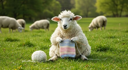 A charming sheep knitting in a lush green meadow, a whimsical and unexpected pastoral scene