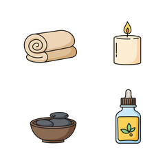 Spa and Wellness Elements Towels Candle Stones and Essential Oil Bottle