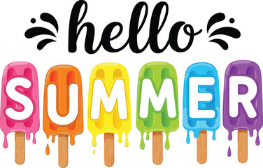 Obraz premium Colorful hello summer graphic featuring popsicles with bold lettering and summer theme