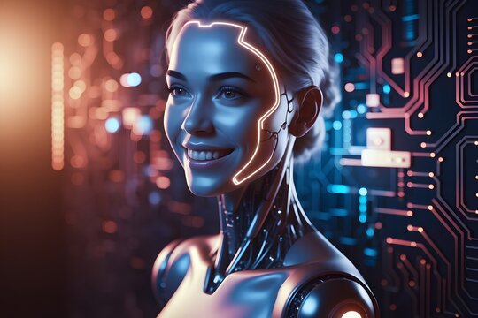Smiling Female Robot with Circuit Board Background